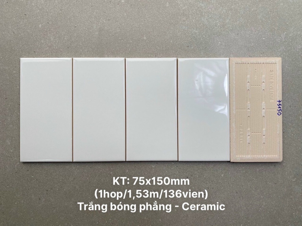 Gạch thẻ trắng bóng phẳng KT 75x150mm STA75150