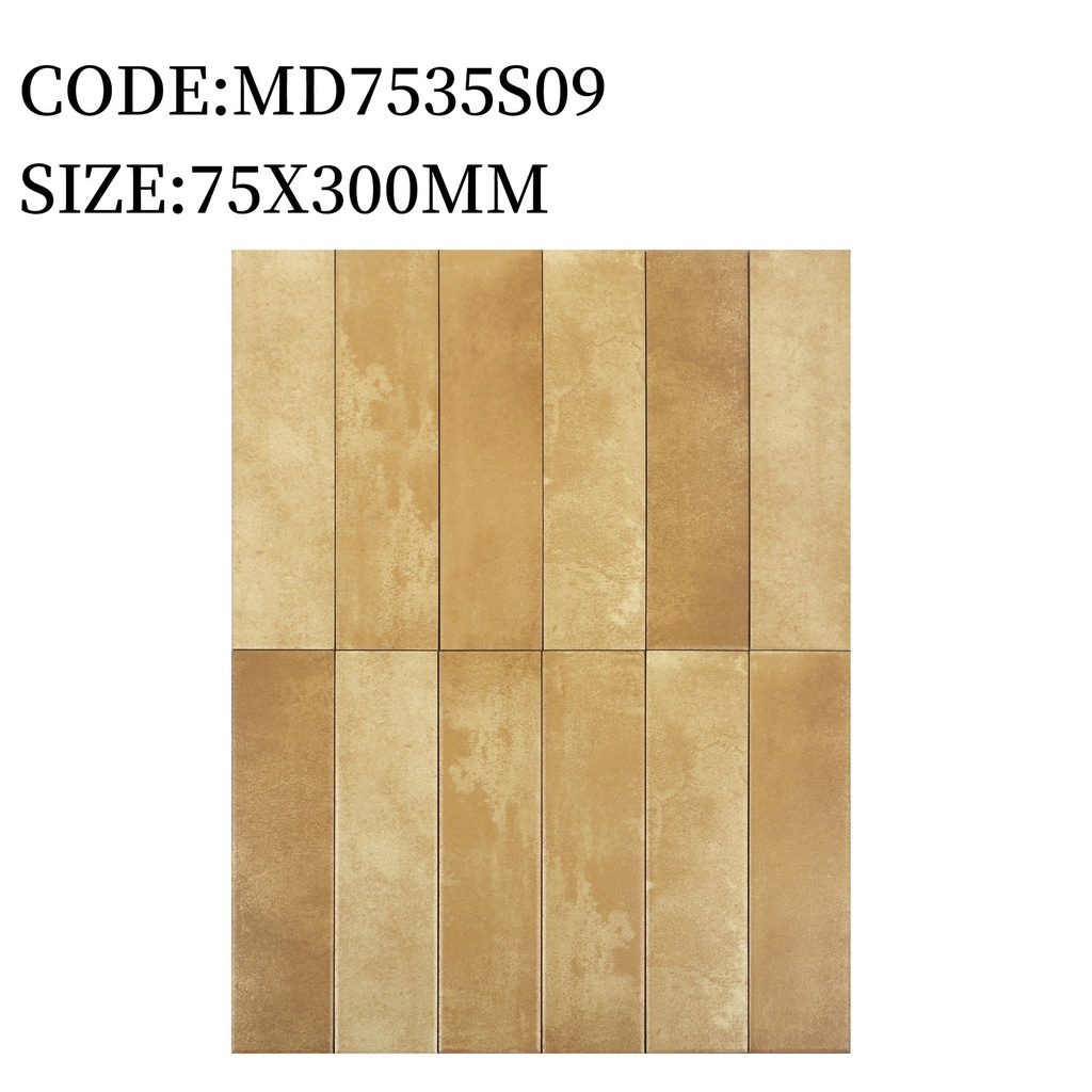 Gạch thẻ Trung Quốc, Vàng loang mờ phẳng, KT 75x300 mm, MD7535S02 (1 hộp/ 44 viên/ 1.125m2)