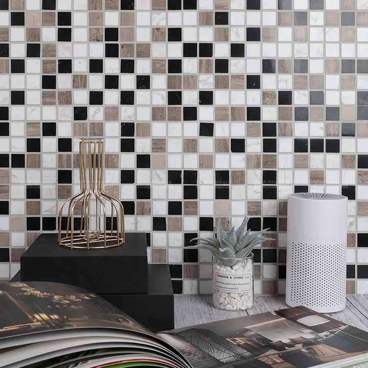 Gạch khảm đá marble Emperador nhiều màu, hình vuông 23x23mm, ốp tường nhà bếp, nhà tắm khách sạn, sản xuất tại Phật Sơn