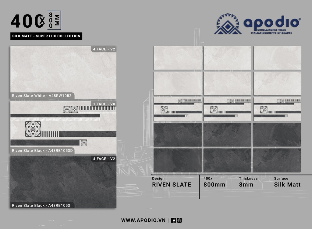 GẠCH ỐP LÁT APODIO A48RW1052 - A48RB1053 - A48RB1053D