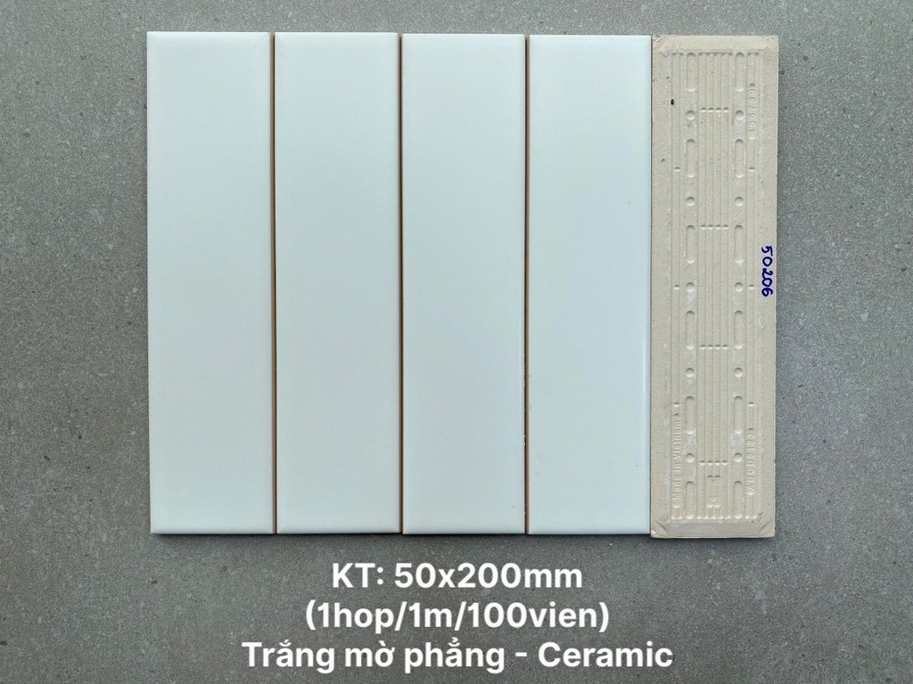 Gạch thẻ Việt Nam, Trắng mờ phẳng, KT 50x200 mm, PSTA50206, Hàng Ưu (1 hộp/ 100 viên/ 1m2)