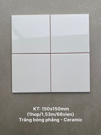 [STA150156_SA] Gạch thẻ Việt Nam, Trắng bóng phẳng, KT 150x150 mm, STA150156_SA, Loại 1 (1 hộp/ 68 viên/ 1.53m2)