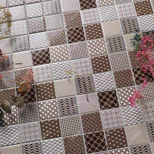 [106139391366] Gạch khảm gốm men in phun hình học Ma-rốc nâu 2x2 inch, dành cho ốp tường nhà bếp