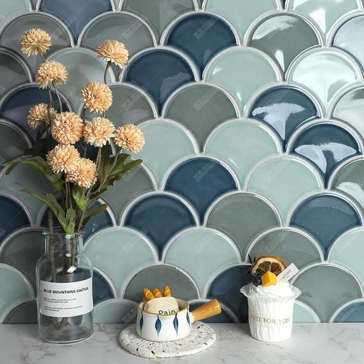 [106314679074] Gạch khảm hình vảy cá men bóng màu phối nhiều sắc độ, chất liệu sứ, hình quạt