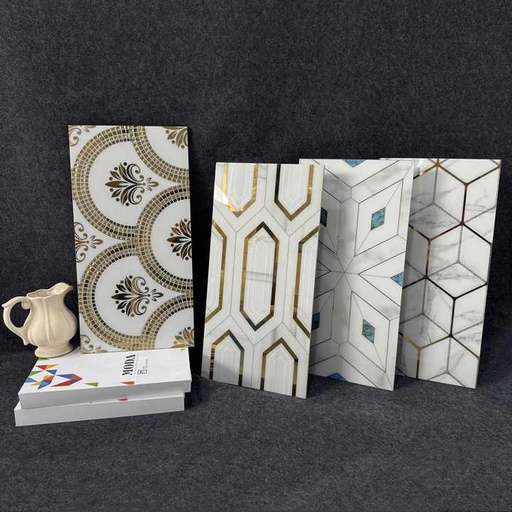 [106541567579] Gạch ốp tường men sứ vàng trắng lõm, họa tiết vàng sang trọng 300x600mm