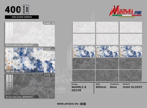 [M48ML807-M48GD910D-M88MD907] Gạch ốp lát  Apodio M48ML807 - M48GD910D - M88MD907 (Bóng vi tinh)