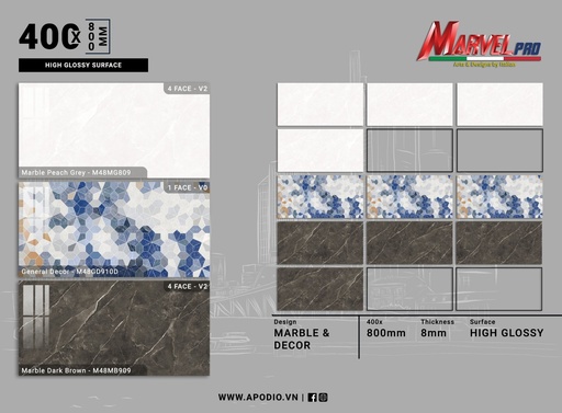 [M48MG809-M48GD910D-M48MB909] Gạch ốp lát  Apodio M48MG809 - M48GD910D - M48MB909 (Bóng vi tinh)