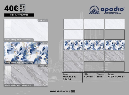 [A48MW8013-A48MG9013-A48MG9013D] Gạch ốp lát  Apodio A48MW8013 - A48MG9013 - A48MG9013D (Bóng vi tinh)