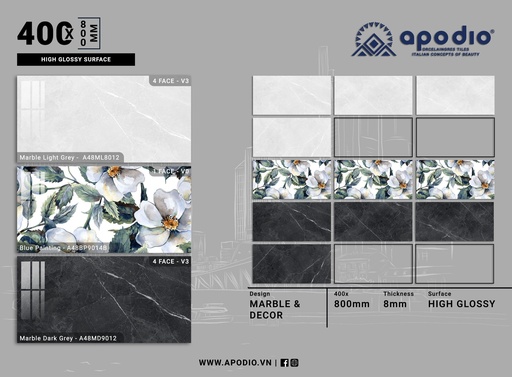 [A48ML8012-A48BP9014B-A48MD9012] Gạch ốp lát  Apodio A48ML8012 - A48BP9014B - A48MD9012 (Bóng vi tinh)