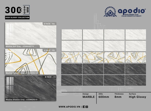 [A36MA8019MS9019DMS9019] Gạch ốp lát Apodio A36MA8019 MS9019D MS9019 (Bóng vi tinh)