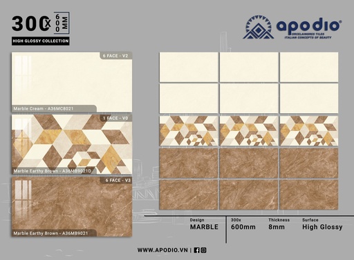 [A36MC8021MB9021DMB9021] Gạch ốp lát Apodio 30x60 A36MC8021 MB9021D MB9021 (Bóng vi tinh)