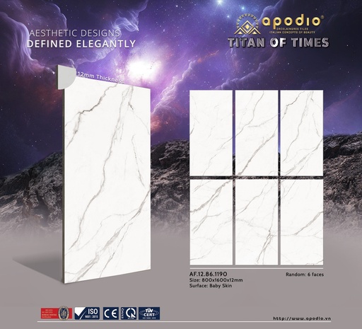 [AF.12.86.1190] Gạch ốp lát Apodio 80x160 AF.12.86.1190 dày 12mm (Bianco Calacatta)