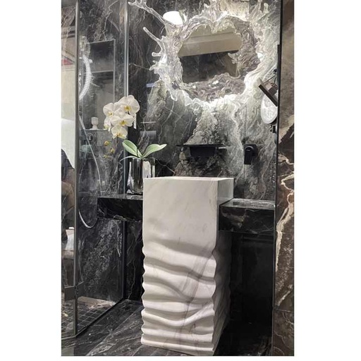 [106914660005] Chậu rửa mặt đá cẩm thạch trắng sang trọng đặt trên bệ