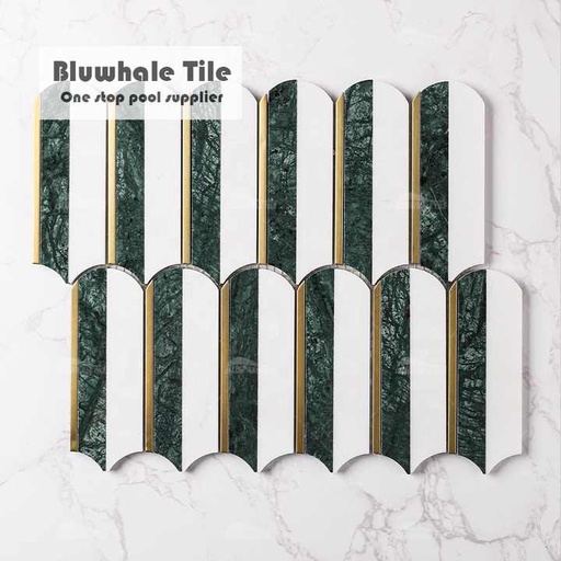 [105177316087] Gạch khảm hồ bơi Bluwhale màu vàng kim loại mạ vàng đồng viền lông vũ xanh đậm pha trắng