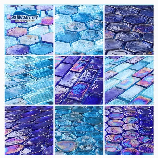[106325992424] Gạch MOSAIC Bể Bơi Pha Lê Óng Ánh Màu Xanh Dương Sóng Ánh Sáng